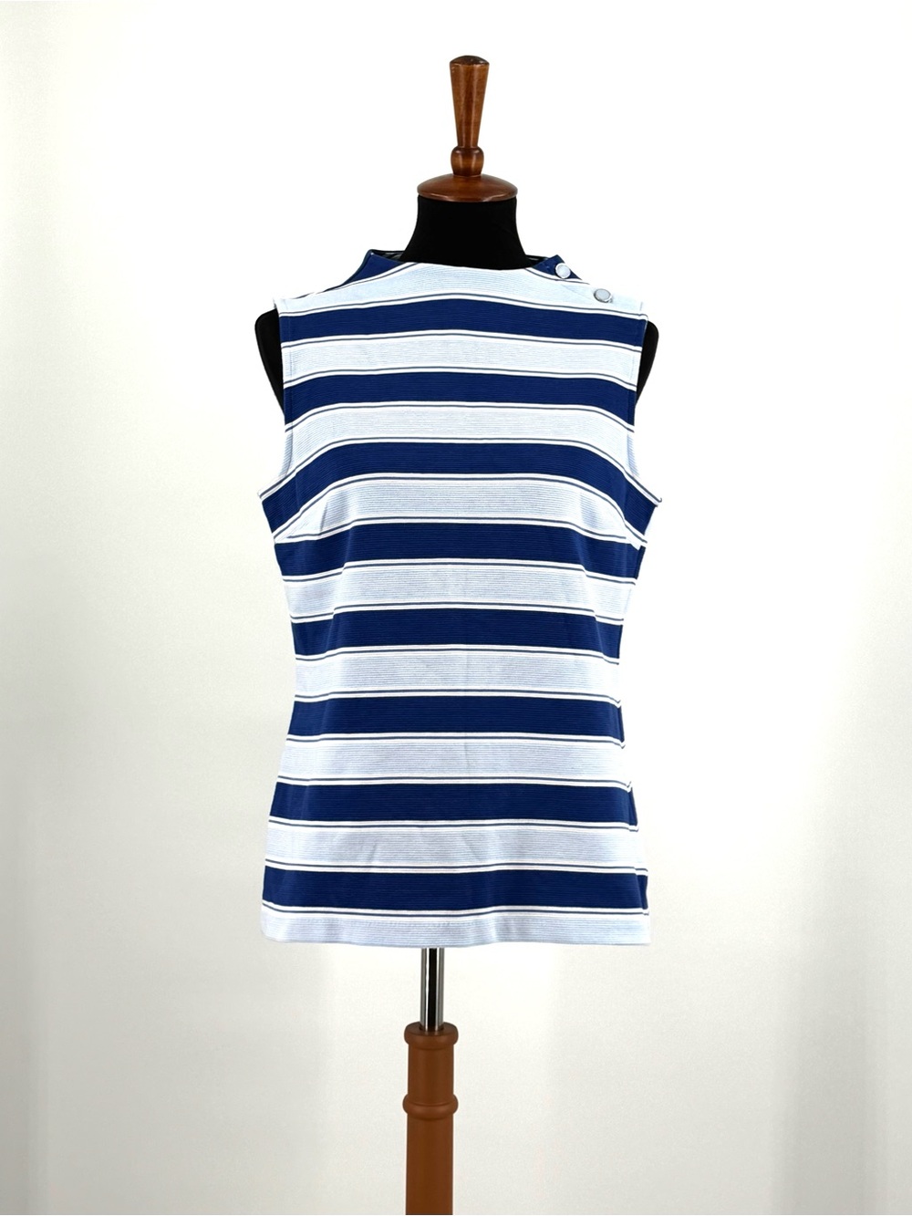 Talbots Blue White Striped Cotton Blend Sleeveless Mock Neck Top Buttons Size M